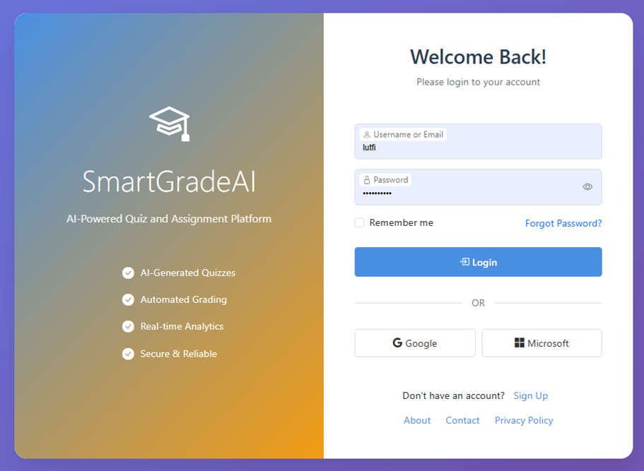 SmartGrade AI Login Screen
